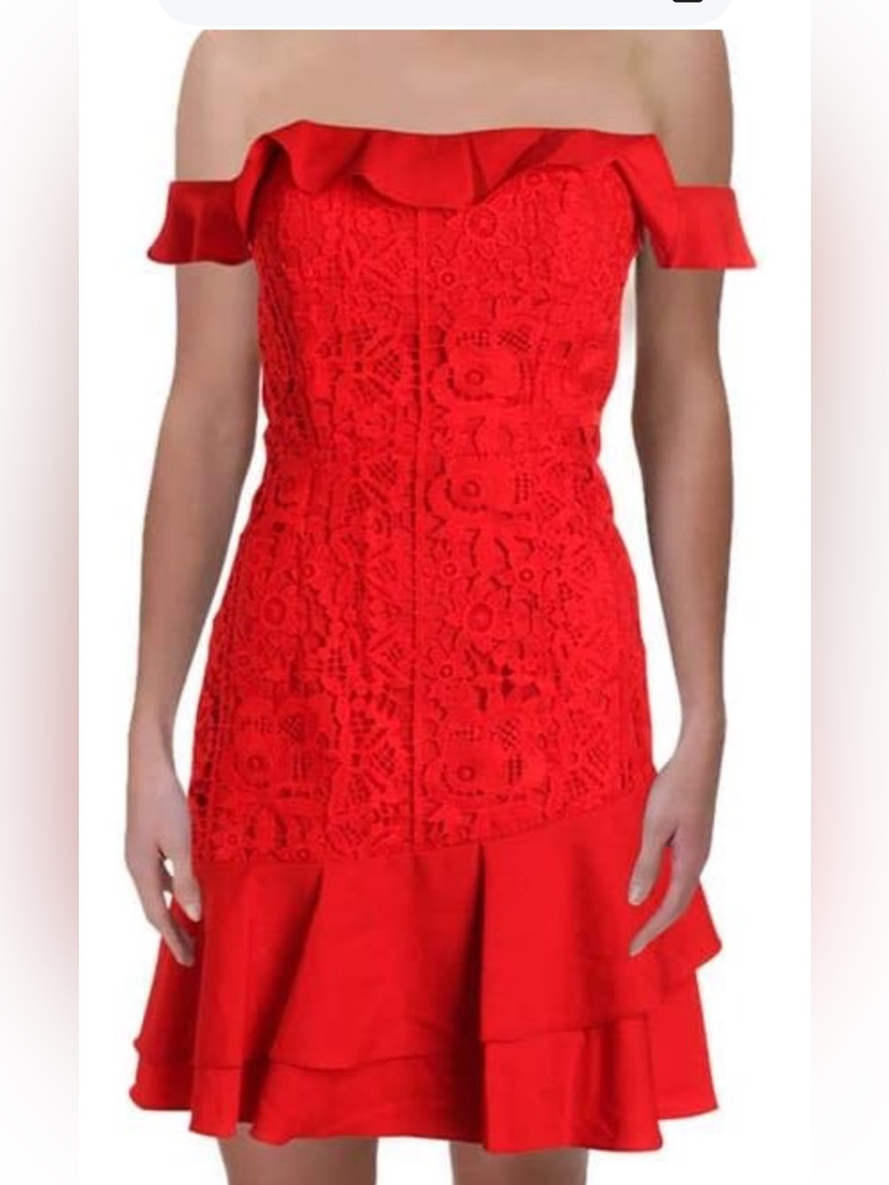 Girls Red Lace Off-Shoulder Ruffle-Hem Formal Dress